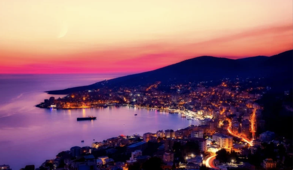 overview image Albanian coast along the water at night 